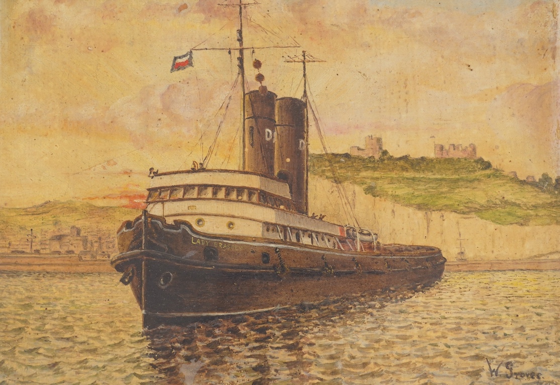From the Studio of Fred Cuming. W. Groves, watercolour, Study of a tug boat, 'Lady Brassey', signed, details verso, 19 x 28cm. Condition - poor to fair